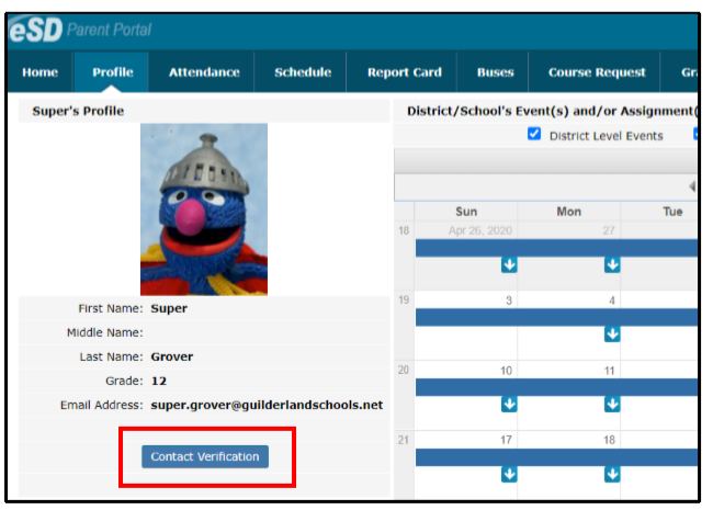 Example of what th Student's Profile page looks like with the Contact Verification button highlighted