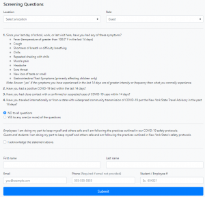 Screenshot of the GCSD Health Screening Attestation Link. Will ask multiple questions about symptoms, COVID-19 testing, travel and more.