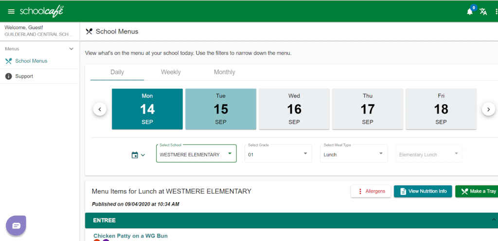 Example of what SchoolCafe lunch menu looks like