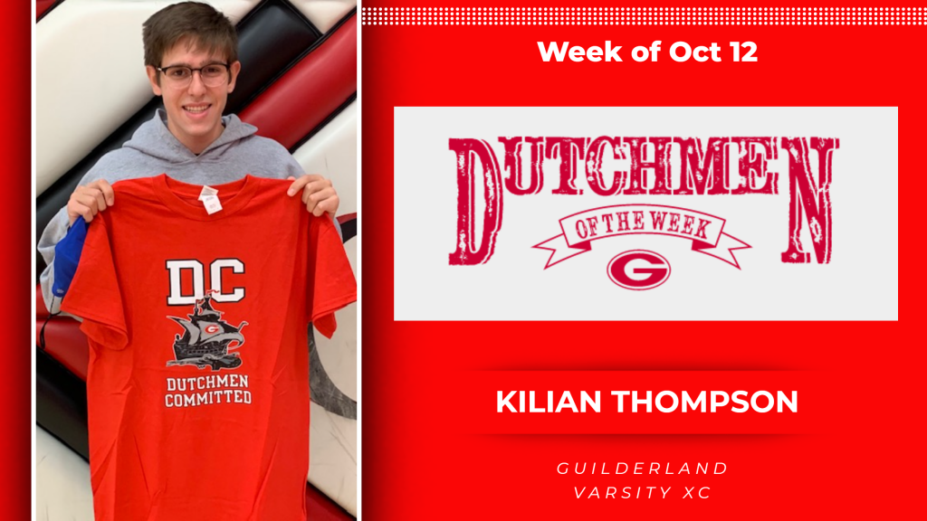 2020 Dutchment of the Week (DOW) award winner, Kilian Thompson (Varsity XC). Kilian holding a Guilderland Athletics t-shirt.