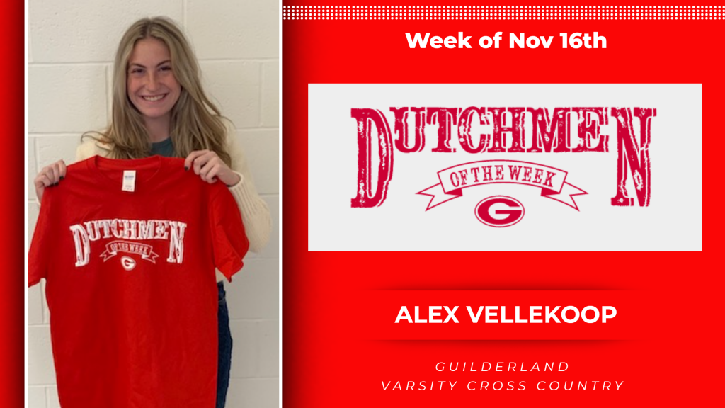 Nov. 16 Dutchmen of the Week award winner, Alex Vellekoop holding a Dutchment t-shirt