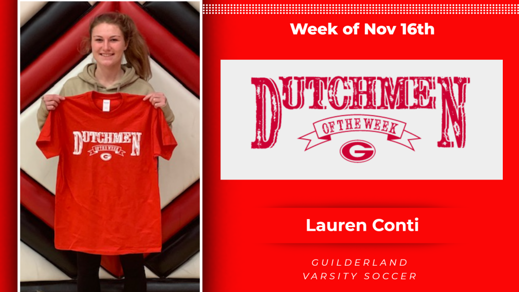 Nov. 16 Dutchmen of the Week award winner, Lauren Conti holding a Dutchment t-shirt