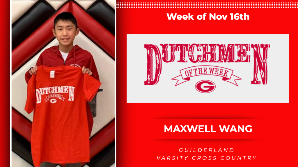 Nov. 16 Dutchmen of the Week award winner, Maxwell Wang holding a Dutchment t-shirt