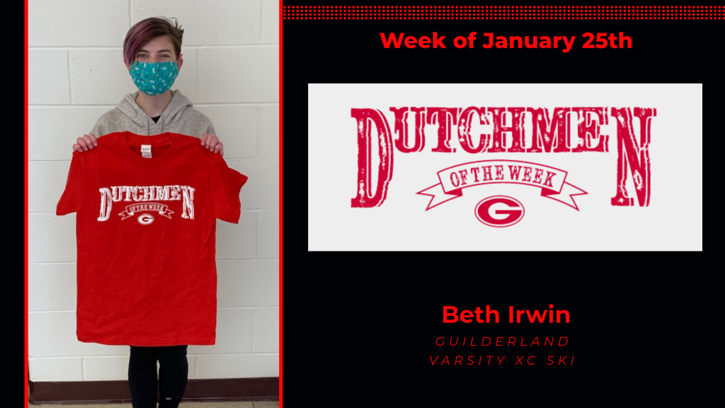 Beth Irwin holding the red Dutchmen of the Week t-shirt