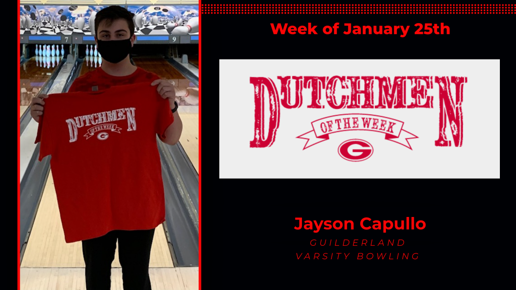 Jayson Capullo holding red Dutchmen of the Week t-shirt