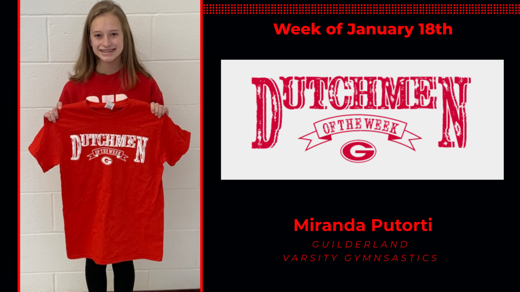 Miranda Putorti holding Guilderland Dutchmen of the week t-shirt award