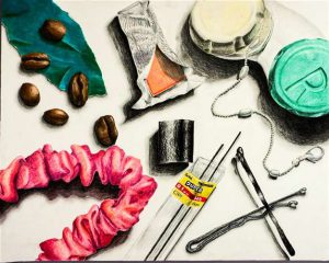 Keri Yamaguchi work: Collection of objects on a white background. Objects such as coffee beans, unwrapped gum, hair pins, a chain, hair tie and more