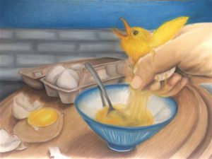 Keri Yamaguchi work: a hand cracking what looks like an egg into a bowl with a chick and eggs in the background