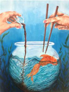 Keri Yamaguchi work: fishbowl with goldfish in water, hands on either side with chopsticks against a blue background