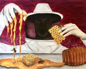 Keri Yamaguchi work: beehive, bees, honeycomb, with bee keeper against a red background