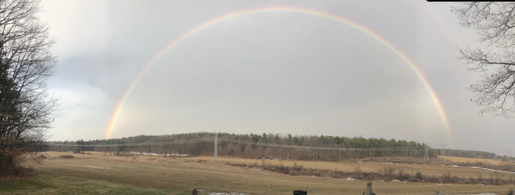 Landscape picture of a rainbow against a backdrop of a dark sky, trees in the distance on a field and power lines in site
