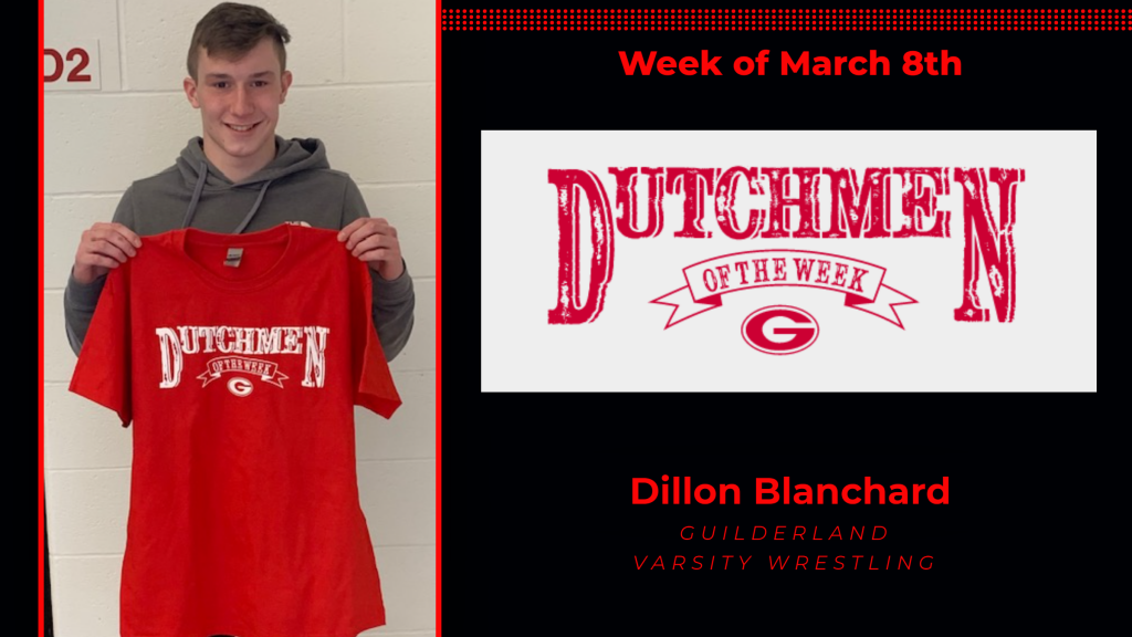 Dillon Blanchard holding Dutchmen of the Week award tshirt