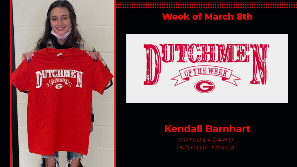 Kendall Barnhart holding Dutchmen of the Week award tshirt