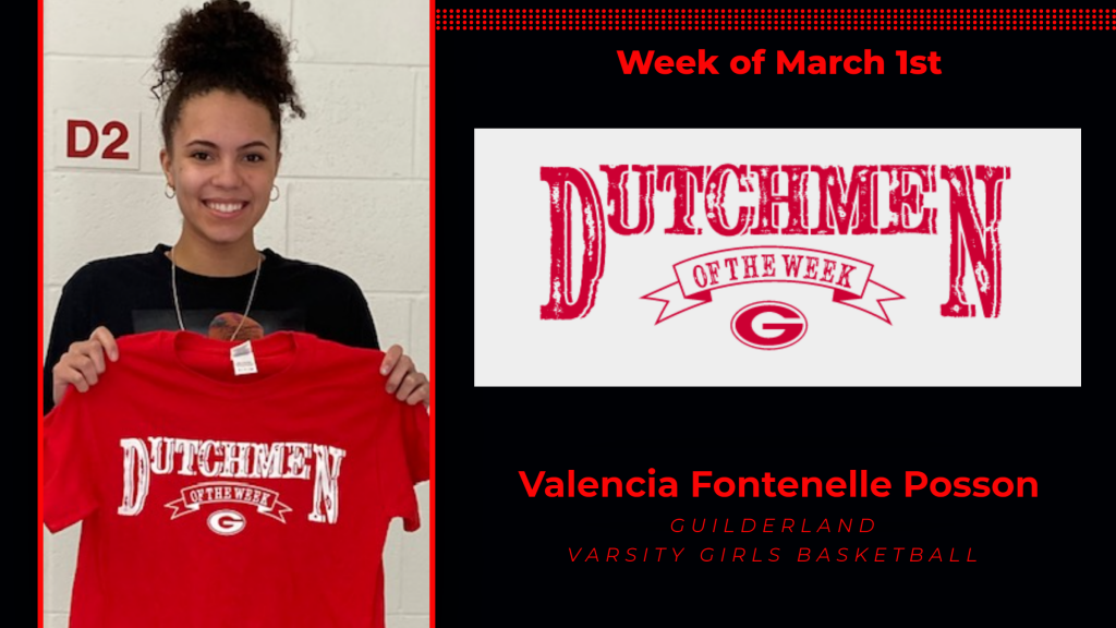 Valencia Fontenelle Posson holding Dutchmen of the Week award shirt