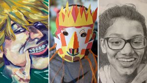 Collage of student artwork, illustrating faces in different mediums