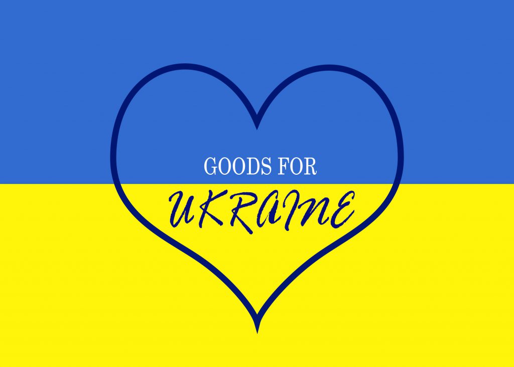 Ukrainian flag with heart in the center saying "Goods for Ukraine"