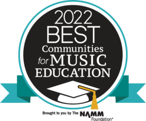 Circle with mortar board, text reads: 2022 Best Communities for Music Education