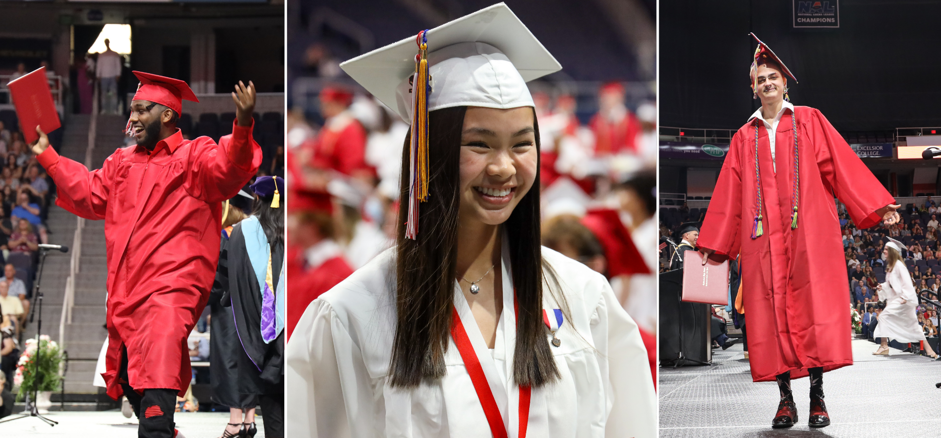 Three students in graduation caps and gowns smiling