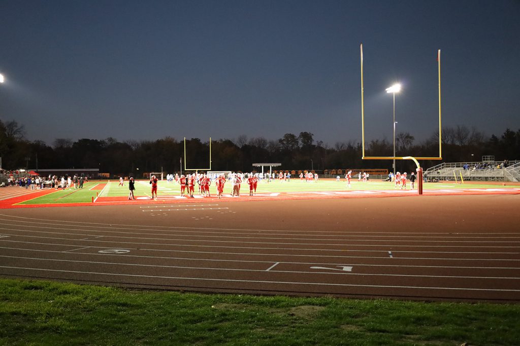 The new GHS turf field at night.