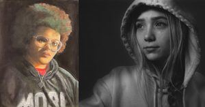 Student artwork of people profiles, on the left. Student wearing hooded sweatshirt and classes hood down, on the right, artwork of person looking off in distance with hood up on sweatshirt