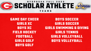 Graphic with red background that reads: NYSPHSAA Fall 2023 Scholar Athlete Teams