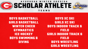 Graphic with Guilderland athletics logo and NYSPHSAA logo. Red background with white type that lists the teams that are listed in the article.
