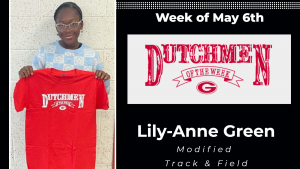 Graphic that reads Dutchmen of the Week with a photo of a student standing in front of a white wall holding a red t-shirt with white lettering