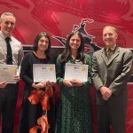 photo of Tenurees Greg Clark, Anna Pellicone and Olivia Sciocchetti with Principal Mike Piscitelli